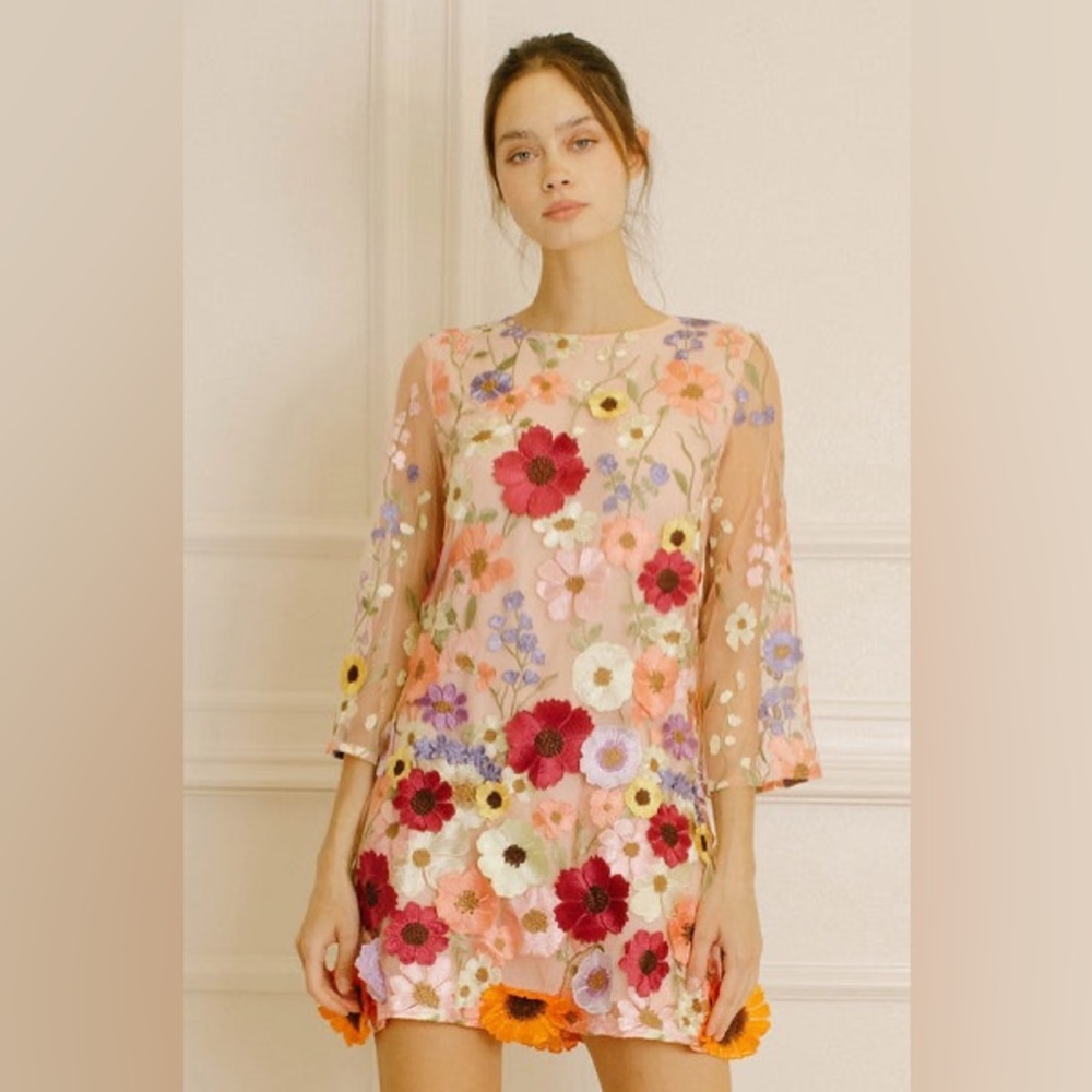 3-D Multicolor Floral Appliqué Shift Dress - Taylor Swift Grammy Inspired
